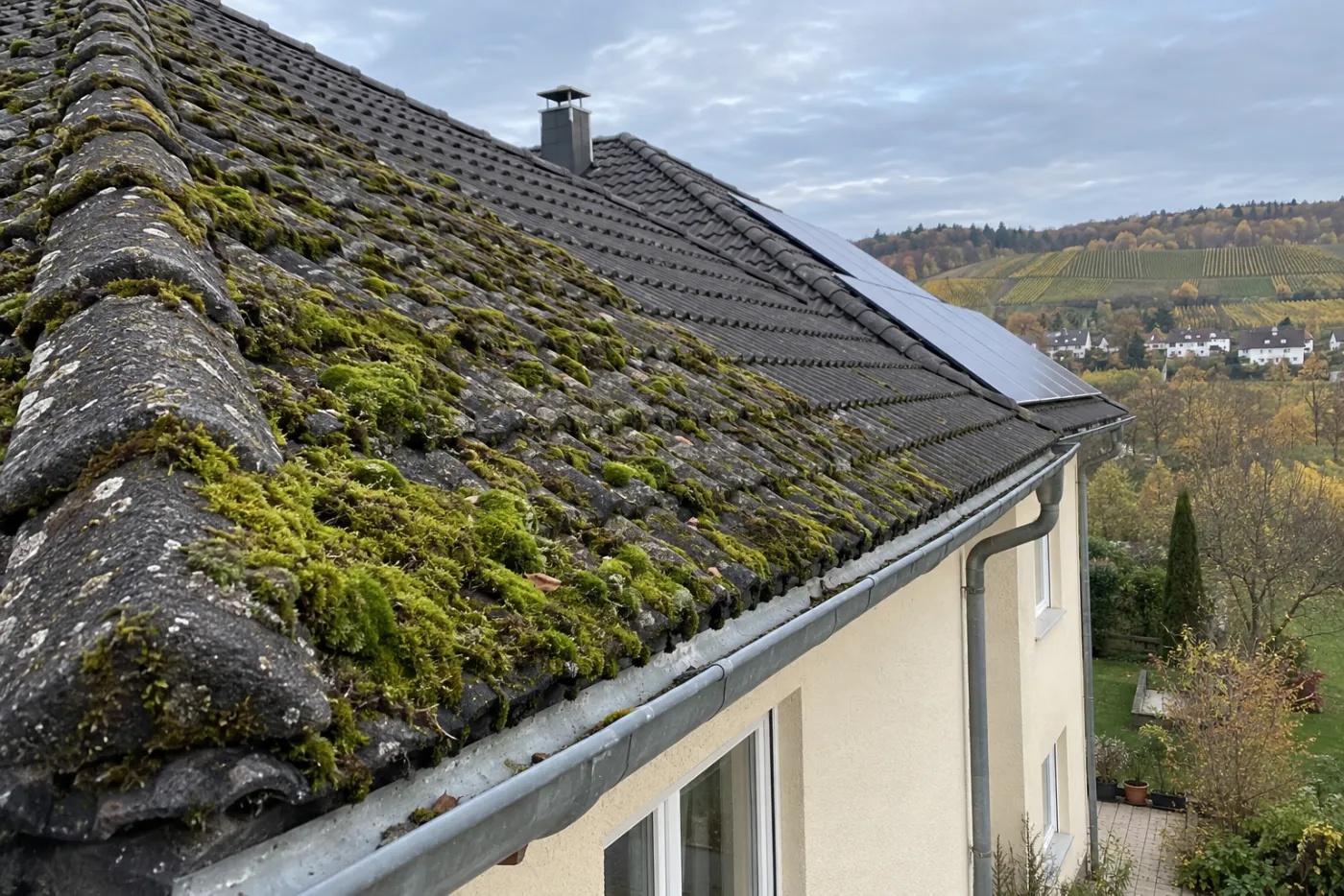 Stark bemoostes Dach vor der Reinigung (Hörde, Stadt Dortmund)