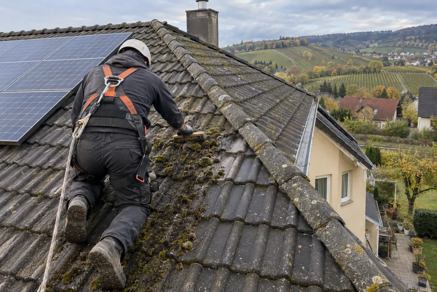 Dachdecker entfernt Moos mit der Bürste vom Dach (Wismar, Nordwestmecklenburg)