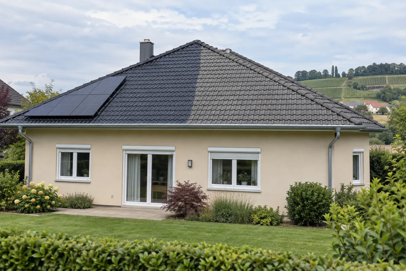 Dach während der Beschichtung, halbe Fläche frisch beschichtet (Pennigsehl, Landkreis Nienburg/Weser)