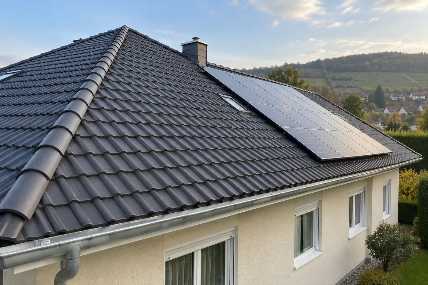 Betondachsteine nach der Dachbeschichtung in Nahaufnahme (Eschenau, Landkreis Heilbronn)