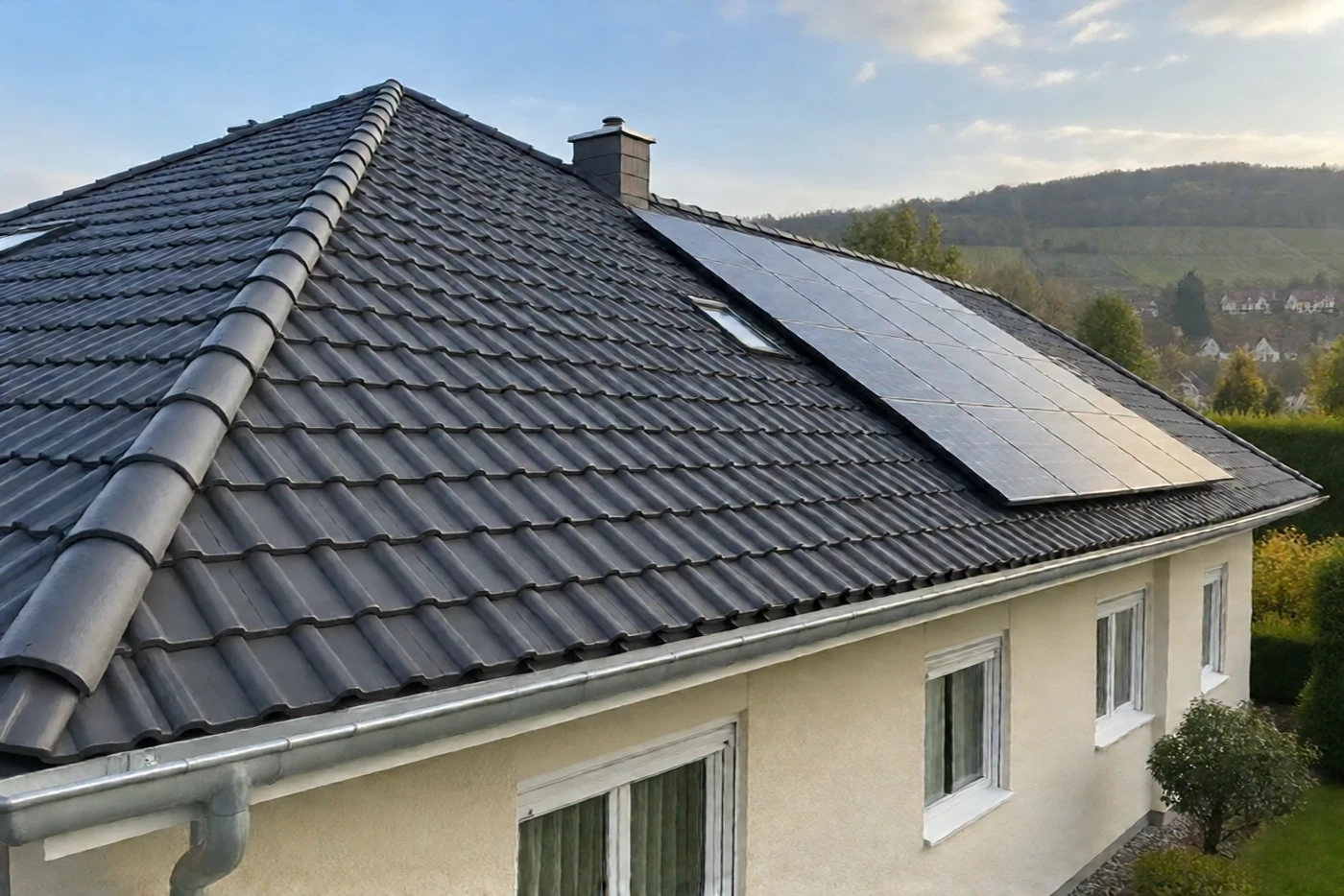 Betondachsteine nach der Dachbeschichtung in Nahaufnahme (Scheuring, Landkreis Landsberg am Lech)