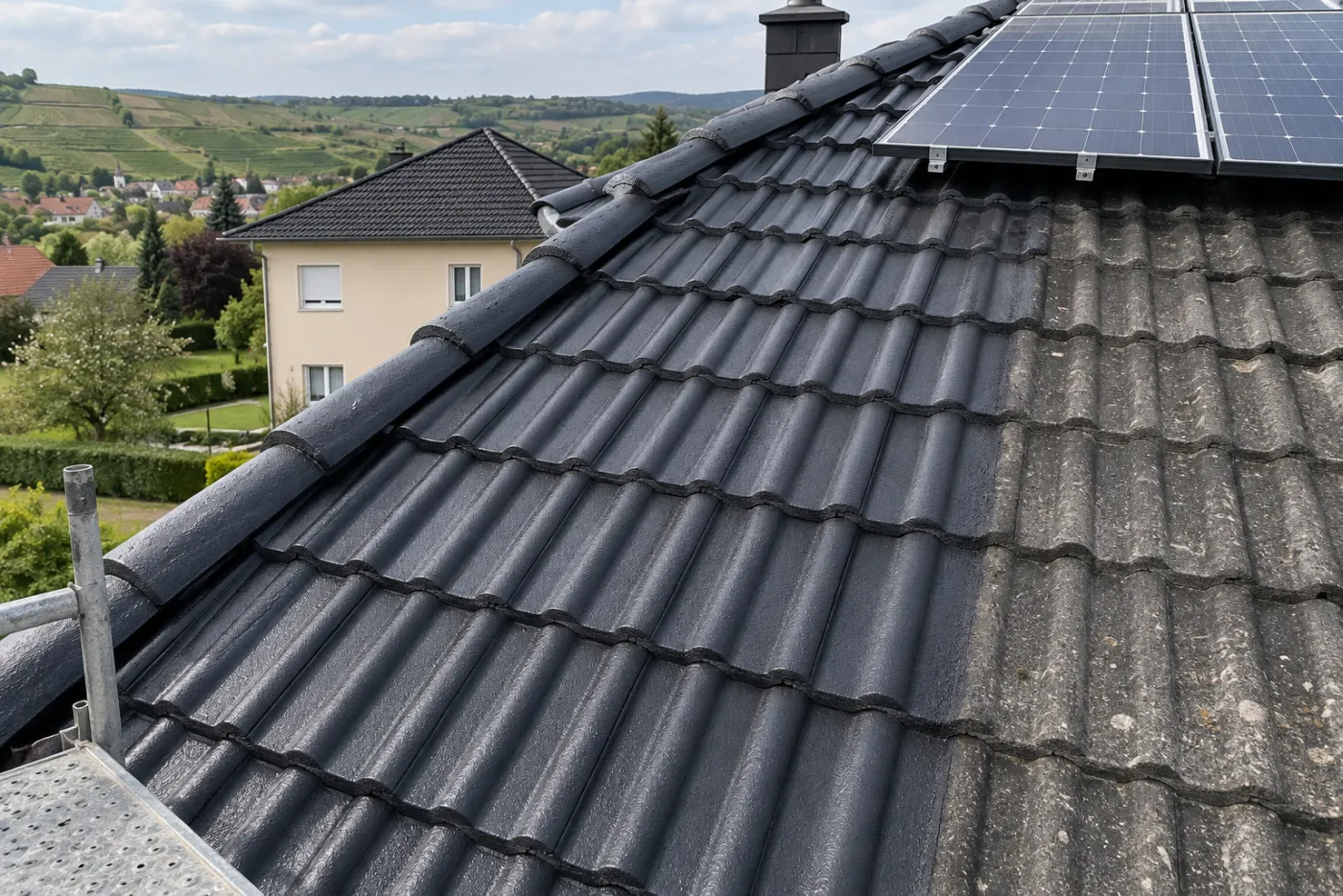 Betondachsteine nach der Dachbeschichtung in Nahaufnahme (Tespe, Landkreis Harburg)
