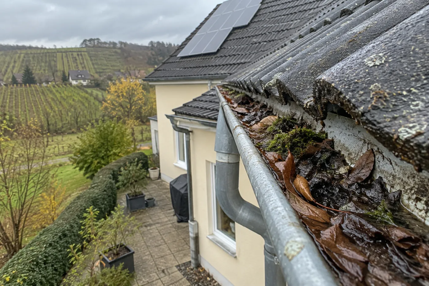 Dachrinne voller Laub und Moos vor der Reinigung (Meiningen)