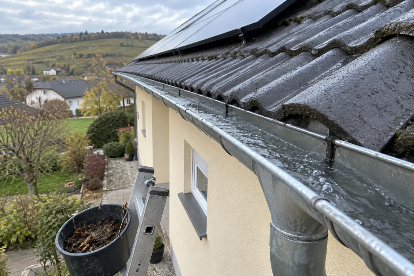 Gereinigte Dachrinne nach dem Ausspülen (Salzhemmendorf, Landkreis Hameln-Pyrmont)