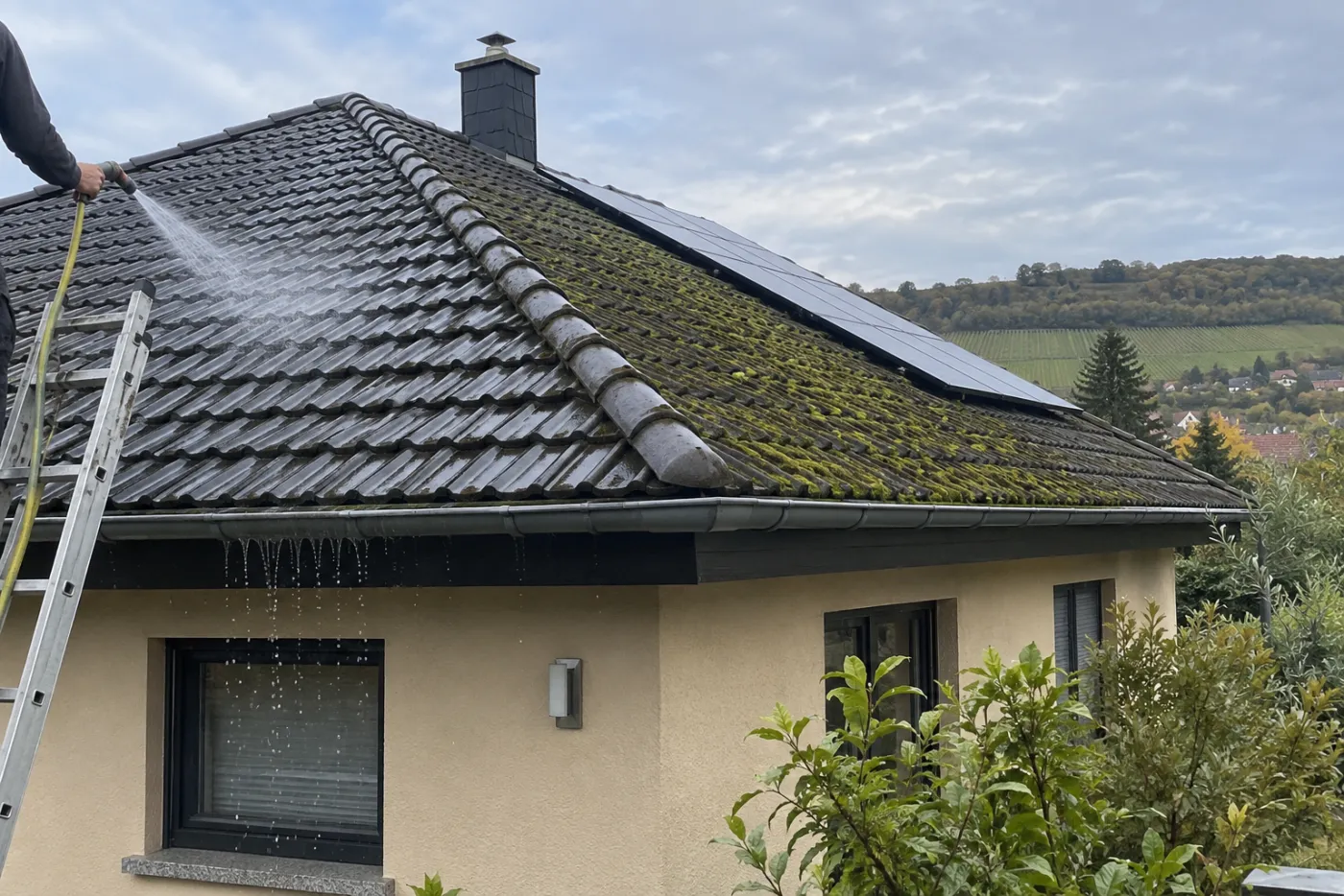Dachreinigung mit Niederdruck: halbes Dach schon sauber (Dahme, Landkreis Teltow-Fläming)