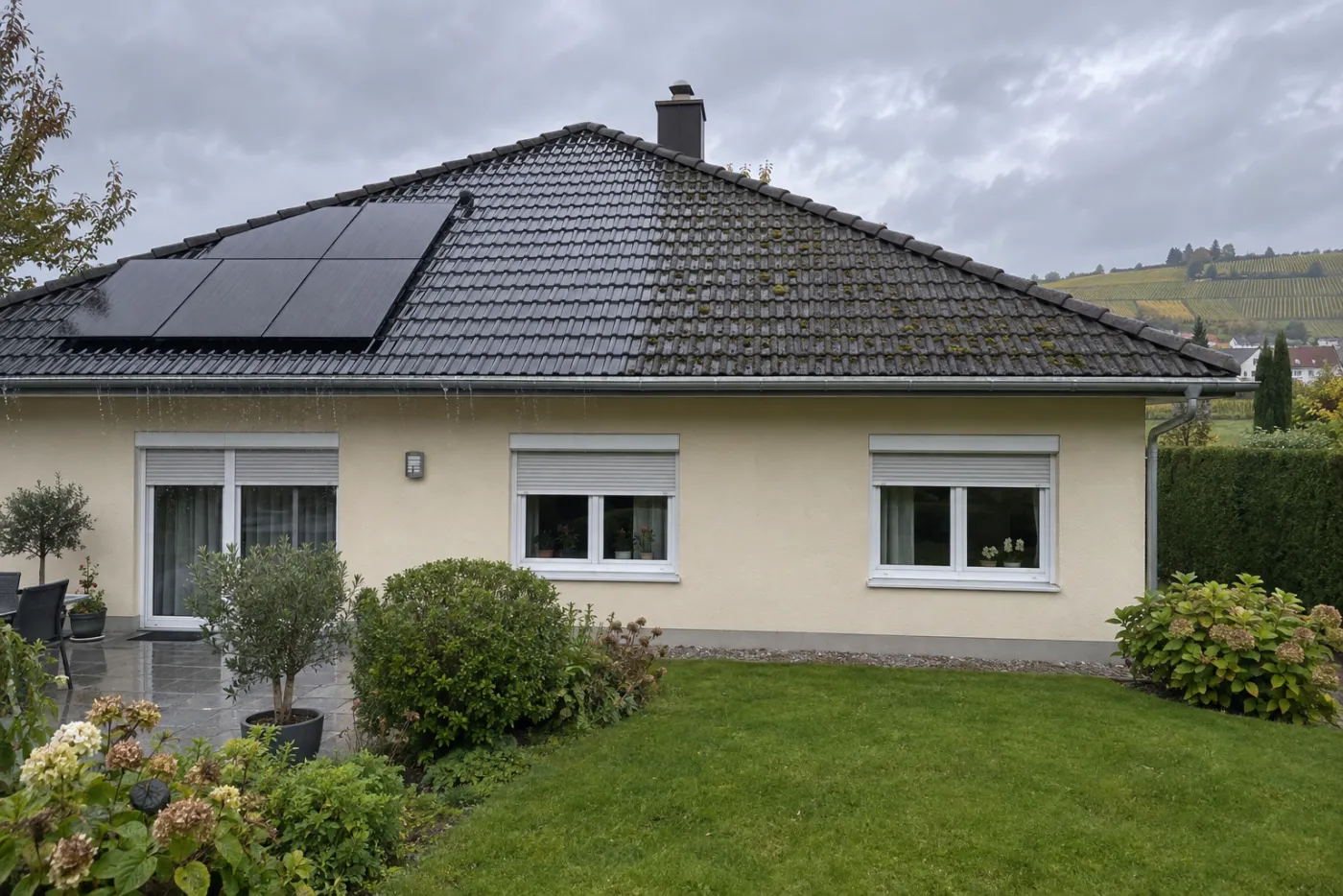 Dachreinigung mit Niederdruck: halbes Dach schon sauber (Hamburg-Rahlstedt, Hamburg)