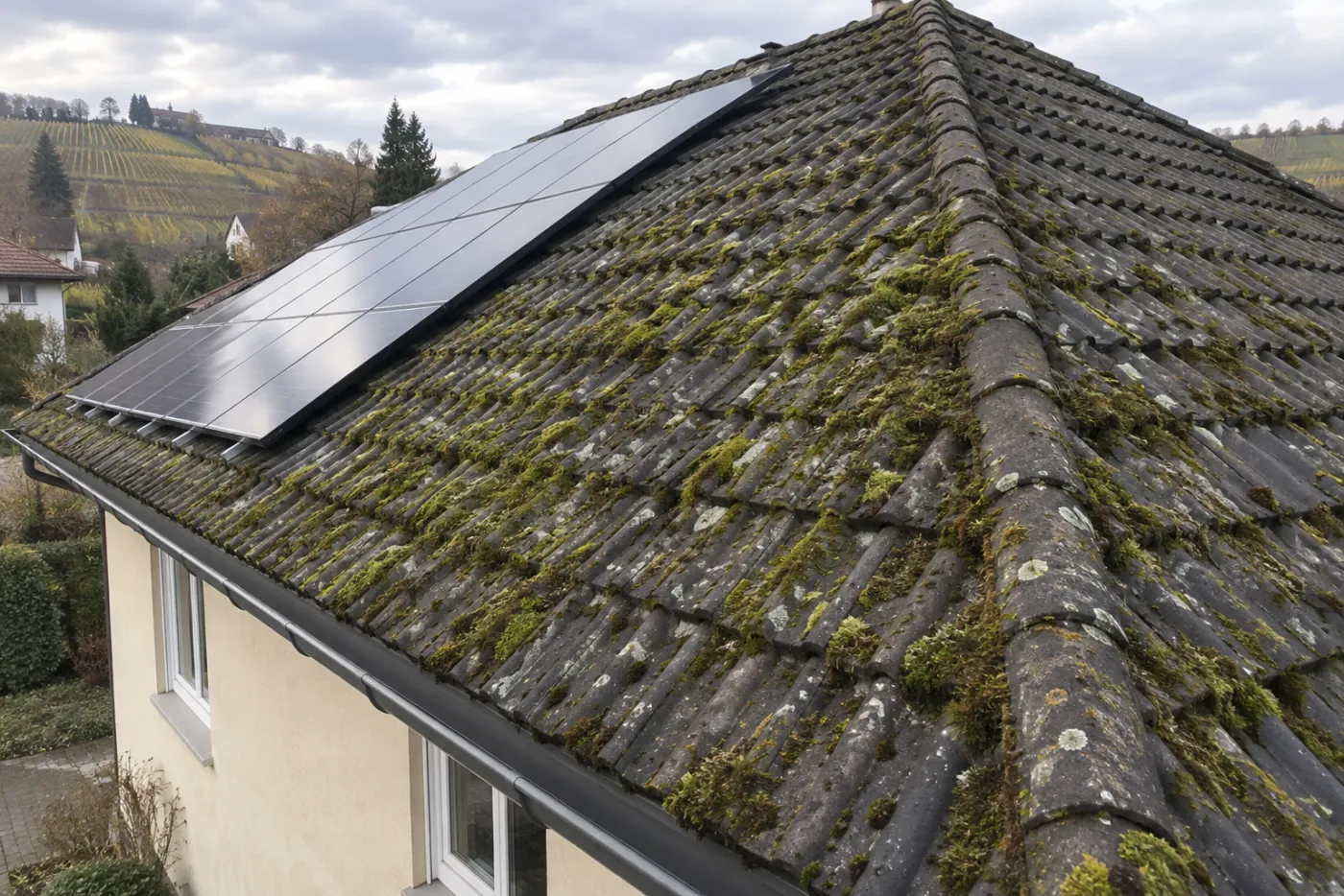 Vorher: Dachfläche vom Leiterstand aus: stark bemoost, dann gereinigt (Werne)
