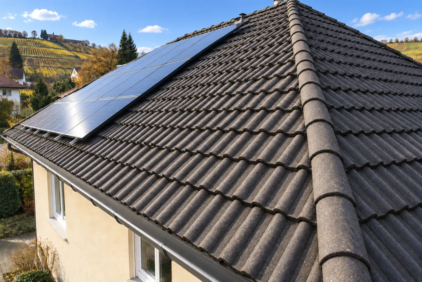 Nachher: Dachfläche vom Leiterstand aus: stark bemoost, dann gereinigt (Aresing)