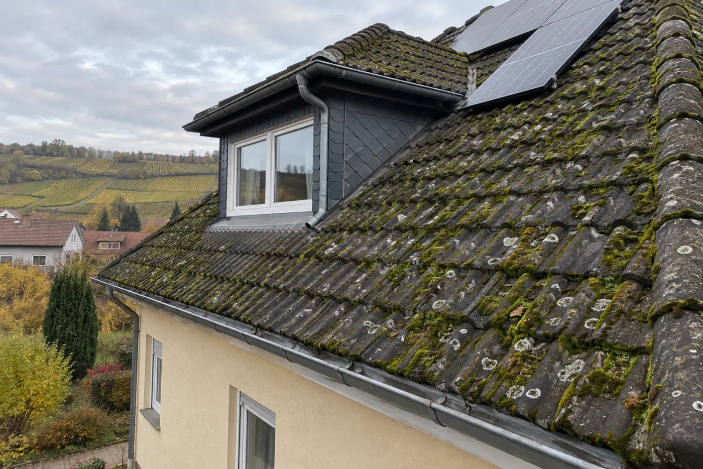 Vorher: Dachpartie mit Gaube und Rinne: bemoost, dann gereinigt (Korbach)