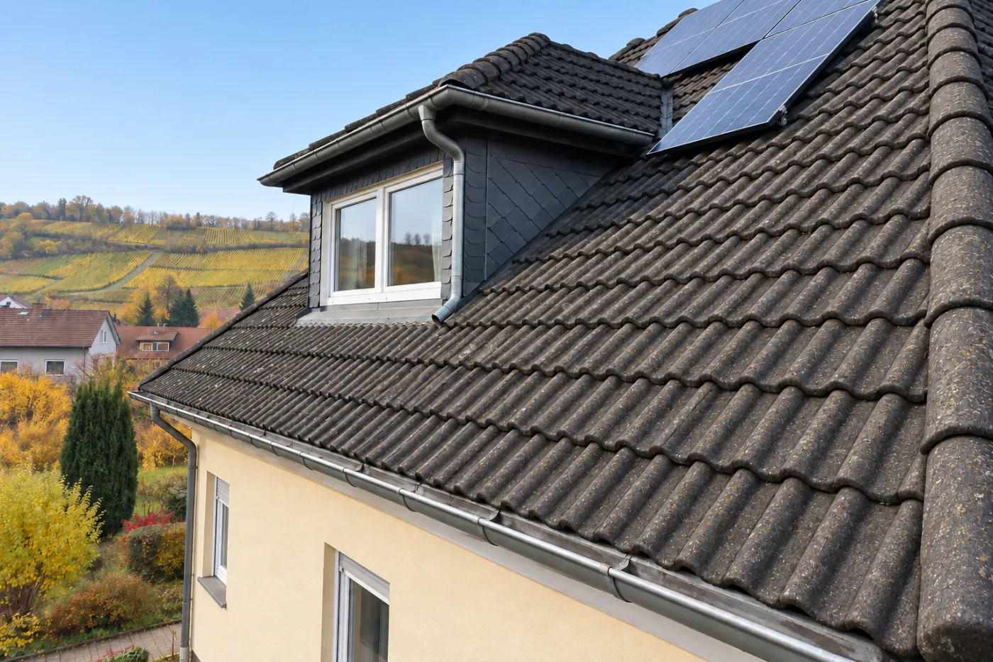 Nachher: Dachpartie mit Gaube und Rinne: bemoost, dann gereinigt (Stadthagen)